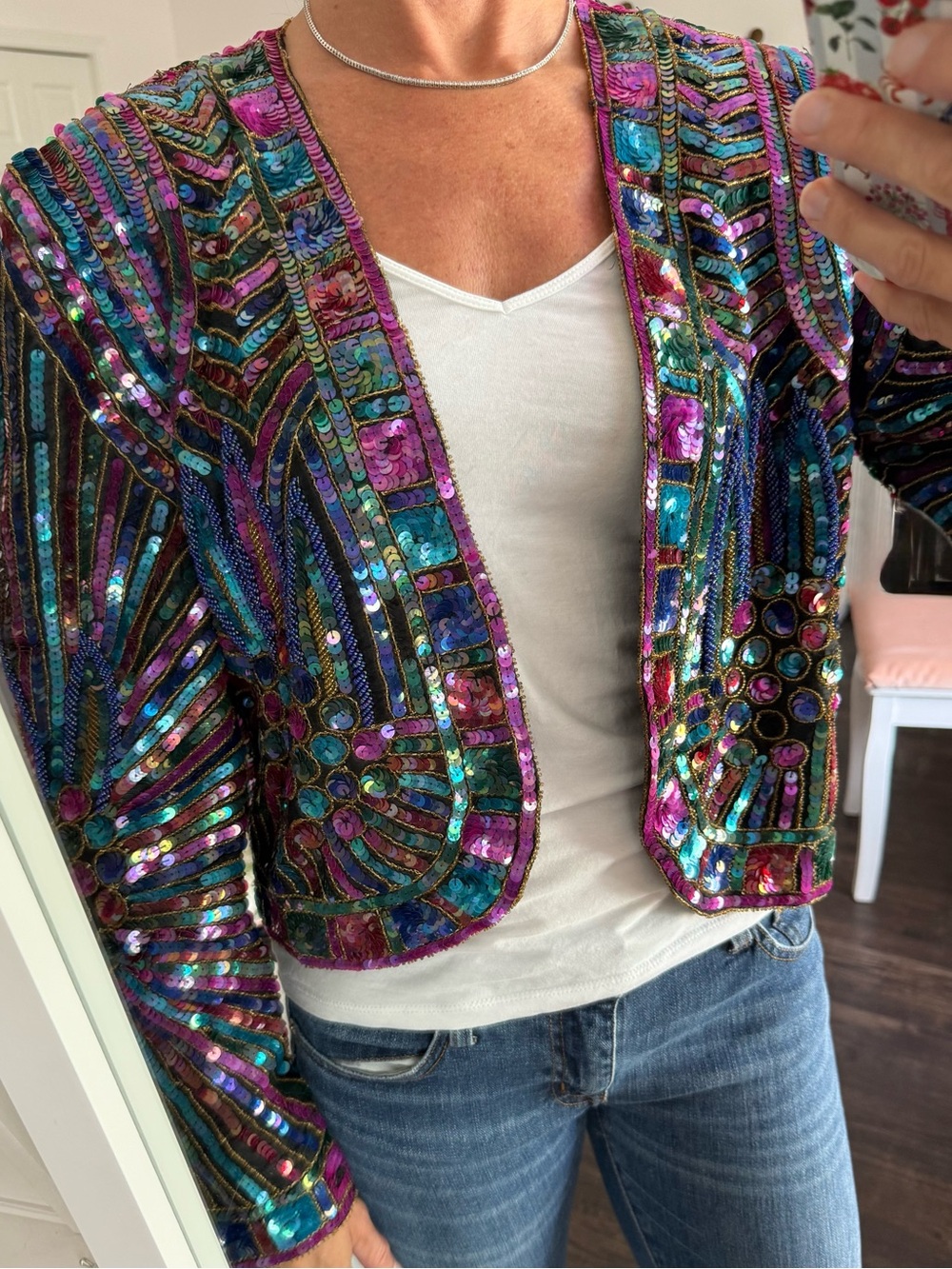 Vintage Joan Leslie Studio Silk Beaded Sequin Cropped Jacket Black Jewel Tone - Picture 2 of 13